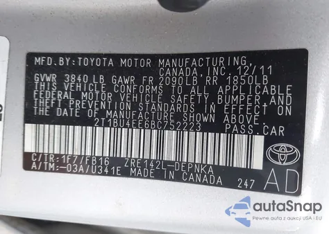 2011 Toyota Corolla Le из США, поврежденный, VIN 2T1BU4EE6BC752223